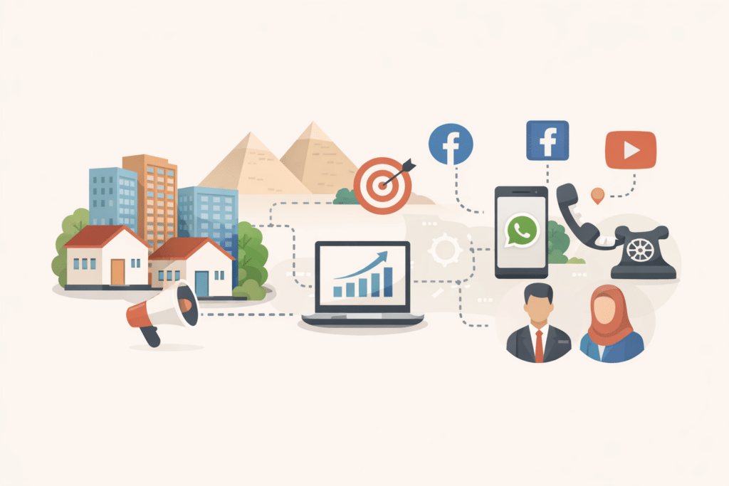 تصور بصري يوضح عملية التسويق العقاري في السوق المصري وربط العقارات بالعملاء باستخدام وسائل التسويق الرقمية.