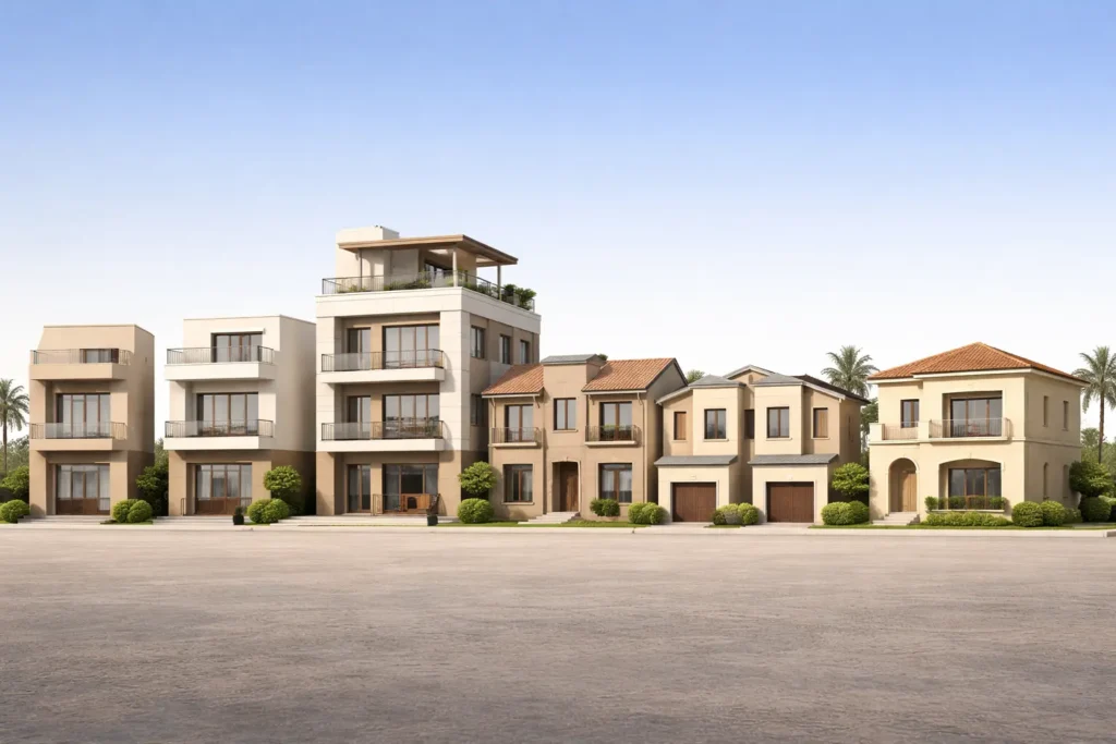 أنواع الوحدات العقارية مثل الأستوديو والدوبلكس والبنتهاوس والفيلا المستقلة