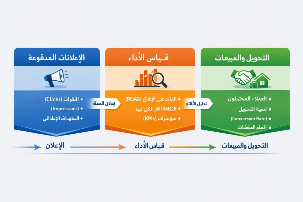 مخطط يوضح تصنيف مصطلحات التسويق العقاري الرقمي حسب مراحل الإعلان وقياس الأداء والمبيعات