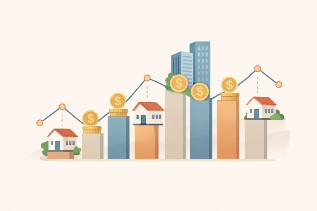 رسم توضيحي يبين العوامل الأساسية التي تؤثر على الربح في التسويق العقاري.