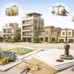 صورة توضيحية شاملة لمصطلحات السوق العقاري توضح أنواع الوحدات السكنية، الاستثمار العقاري، الجوانب القانونية، والقرارات المالية في السوق المصري