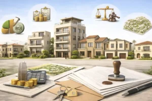 صورة توضيحية شاملة لمصطلحات السوق العقاري توضح أنواع الوحدات السكنية، الاستثمار العقاري، الجوانب القانونية، والقرارات المالية في السوق المصري