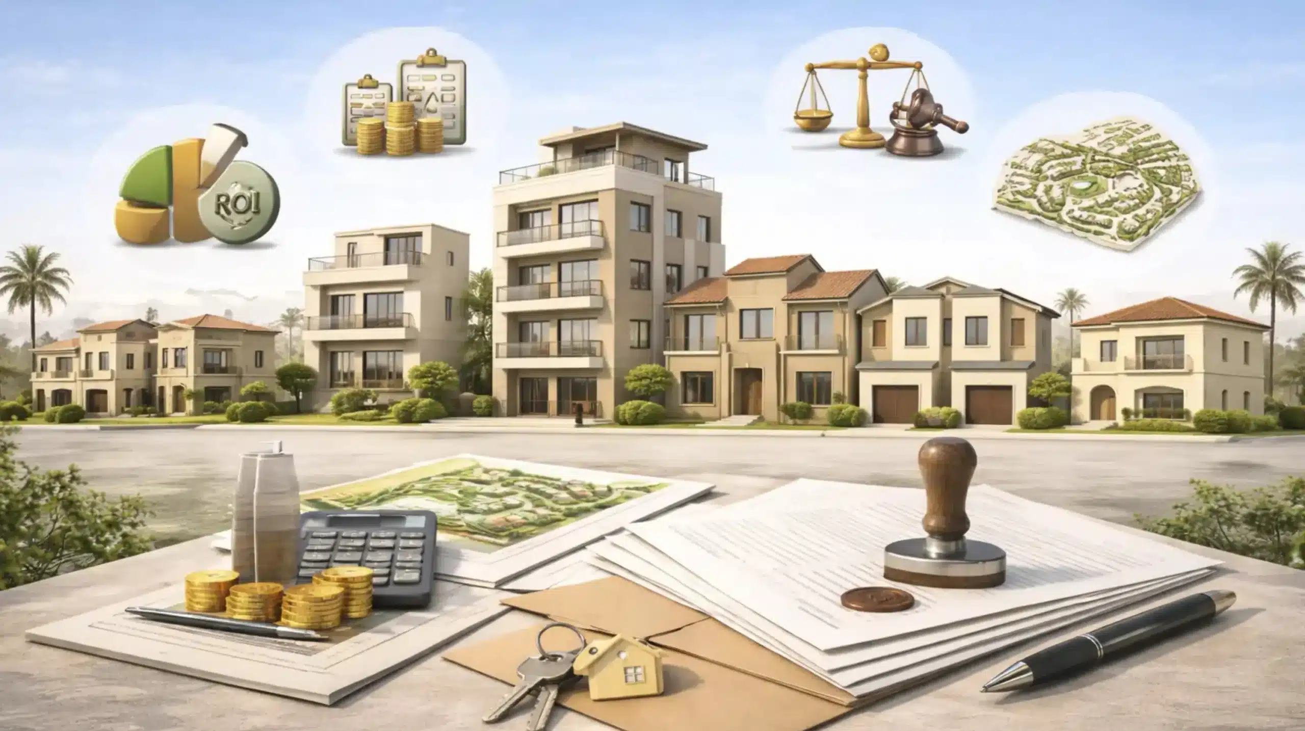 صورة توضيحية شاملة لمصطلحات السوق العقاري توضح أنواع الوحدات السكنية، الاستثمار العقاري، الجوانب القانونية، والقرارات المالية في السوق المصري