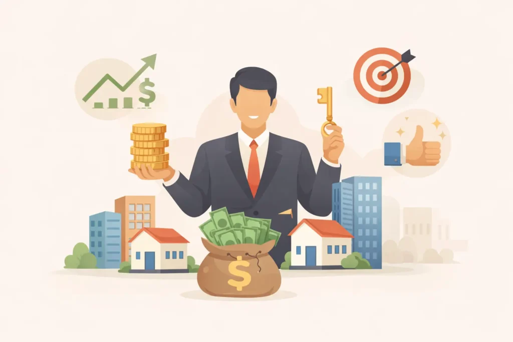 رسم توضيحي يبين إمكانية زيادة الدخل في التسويق العقاري مع الخبرة وعدد الصفقات.